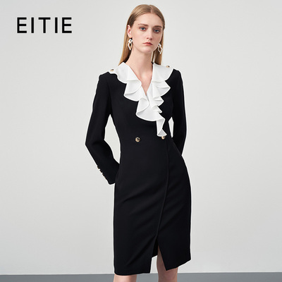 【设计总监然姐】EITIE爱特爱复古撞色荷叶领收腰包臀连衣裙显瘦