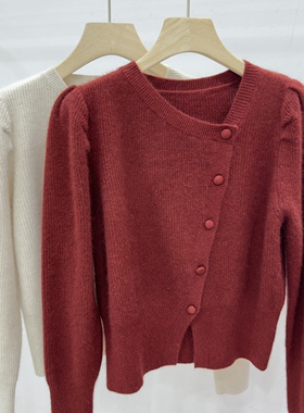 欧洲站2024秋季新款羊毛衫女简约韩系斜扣开衩泡泡袖针织开衫慵懒