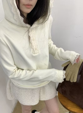 2024冬季新品蕾丝花边连帽休闲徳绒加厚内搭外穿保暖打底衫欧洲站