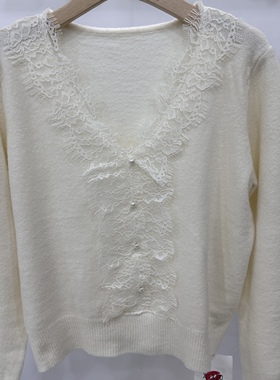 蕾丝花边拼接V领针织衫女毛衣纯色内搭显瘦长袖打底衫甜美上衣女