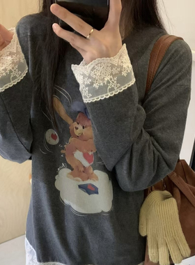 欧洲站2024秋冬新款欧货潮时尚圆领长袖拼接蕾丝T恤女百搭上衣ID