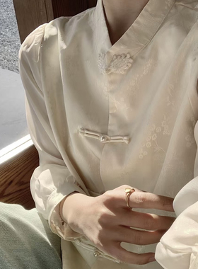 2025新中式国风盘扣圆领提花长袖衬衫女新款土布鱼立领重工女简约
