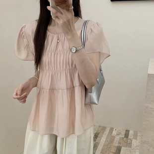 2025夏款甜美土布鱼休闲褶皱飞飞袖衬衫女天丝小众设计感上衣女潮