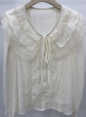 2025秋新款韩版宽松双层娃娃翻领拼花边甜美褶皱百搭衬衣长袖上衣