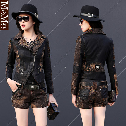 皮衣外套女短款秋冬装修身韩版短裤短裙牛仔衣服夹克小西装两件套