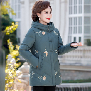 清仓羽绒服女中长款妈妈刺绣中老年女装冬季加厚白鸭绒中年