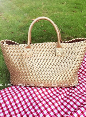 编织托特包手提包腋下包大容量沙滩包时尚购物袋子母包明星同款