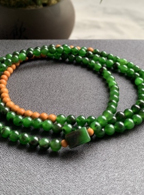 和田玉碧玉红皮老料菠菜绿手链项链锁骨链俄罗斯老料菠菜绿珠串