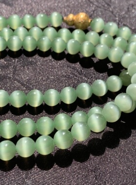 毕业级和田玉碧玉一线活猫眼108珠串浅果绿猫眼项链手链颗颗一线6