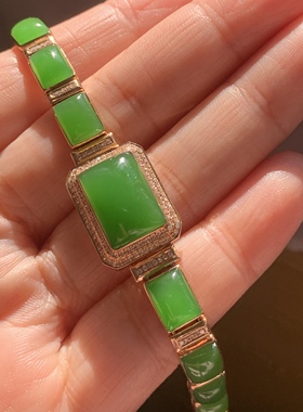 毕业级别和田玉碧玉苹果绿18k金手链极高色乌兰乌德苹果绿手牌