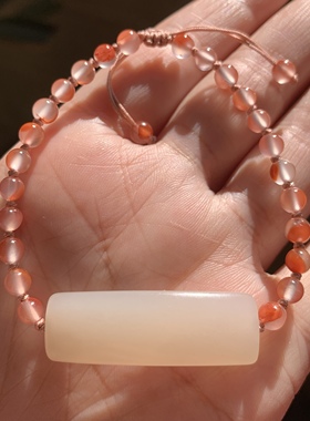 和田玉浓藕粉手牌青海老料藕粉手牌手链搭配南红冰飘珠串女款手牌