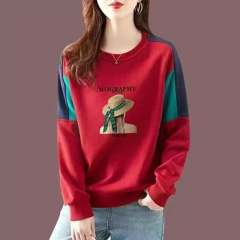 纯棉薄款圆领拼接长袖t恤女秋冬季加绒洋气内搭中长款打底衫上衣