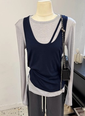 秋冬新两件套修身长袖T恤背心紫色好看莱赛尔桑蚕丝顺滑上衣女装