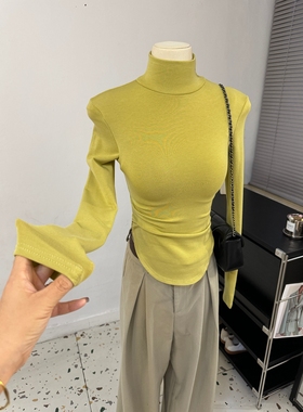 内搭保暖又洋气抓绒半高领黄色修身套头打底衫秋冬新款褶皱T恤女