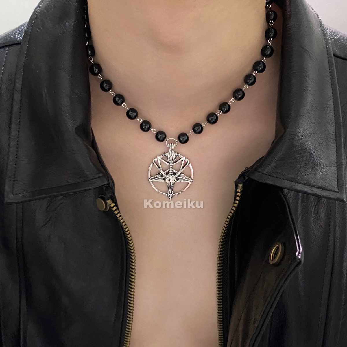 komeiku 羊头五芒星 哥特辣妹暗黑朋克土酷骷髅黑珠子项链