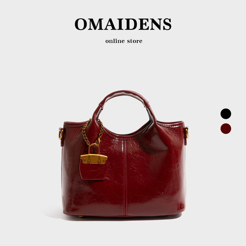 橙子少女红色油蜡皮新娘托特包女