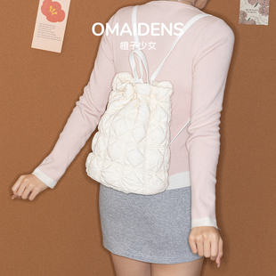 橙子少女虞书欣同款褶皱云朵包白色背包新款抽绳托特包泡泡双肩包