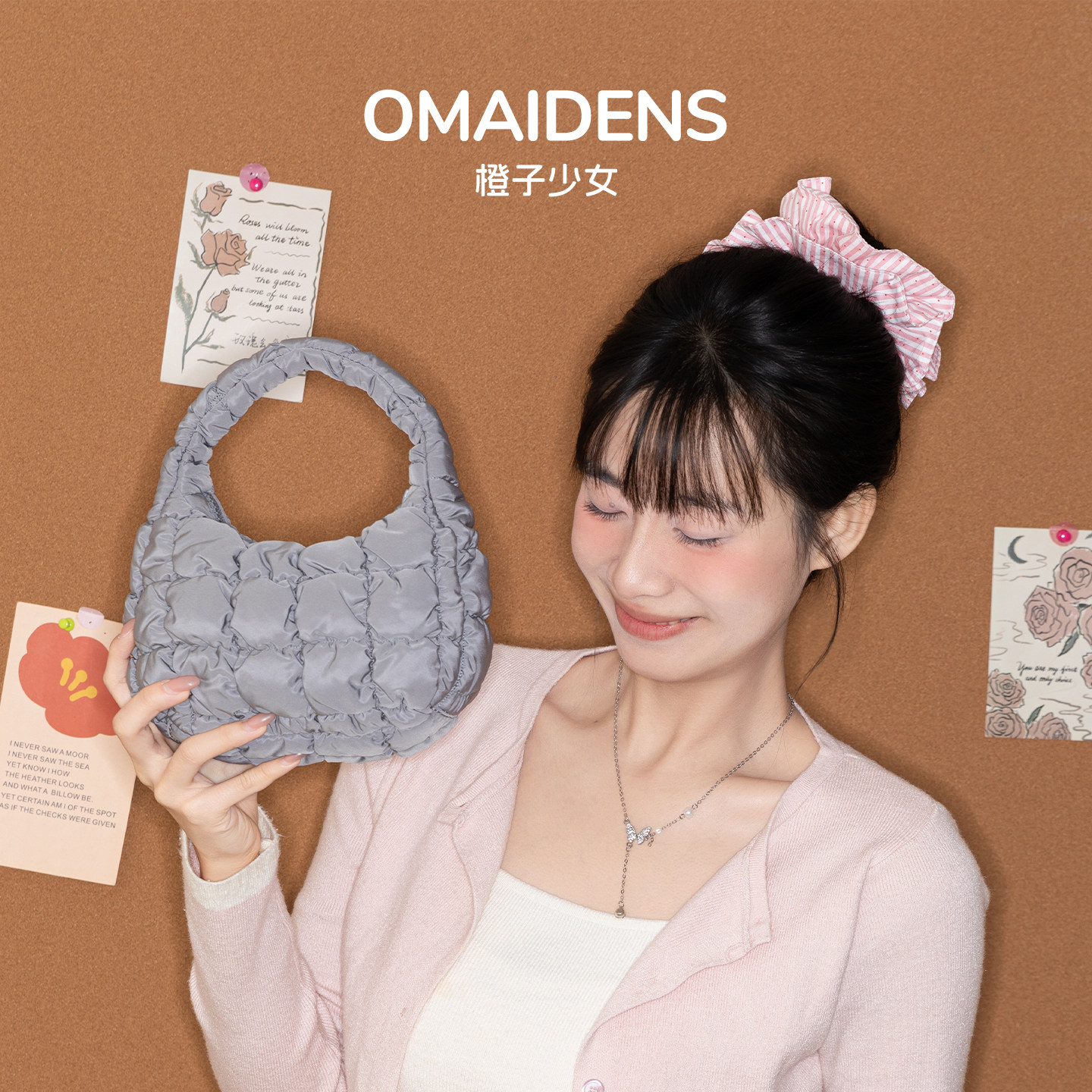 橙子少女韩国迷你灰色褶皱云朵包春夏可爱泡泡包配挂件mini手提包