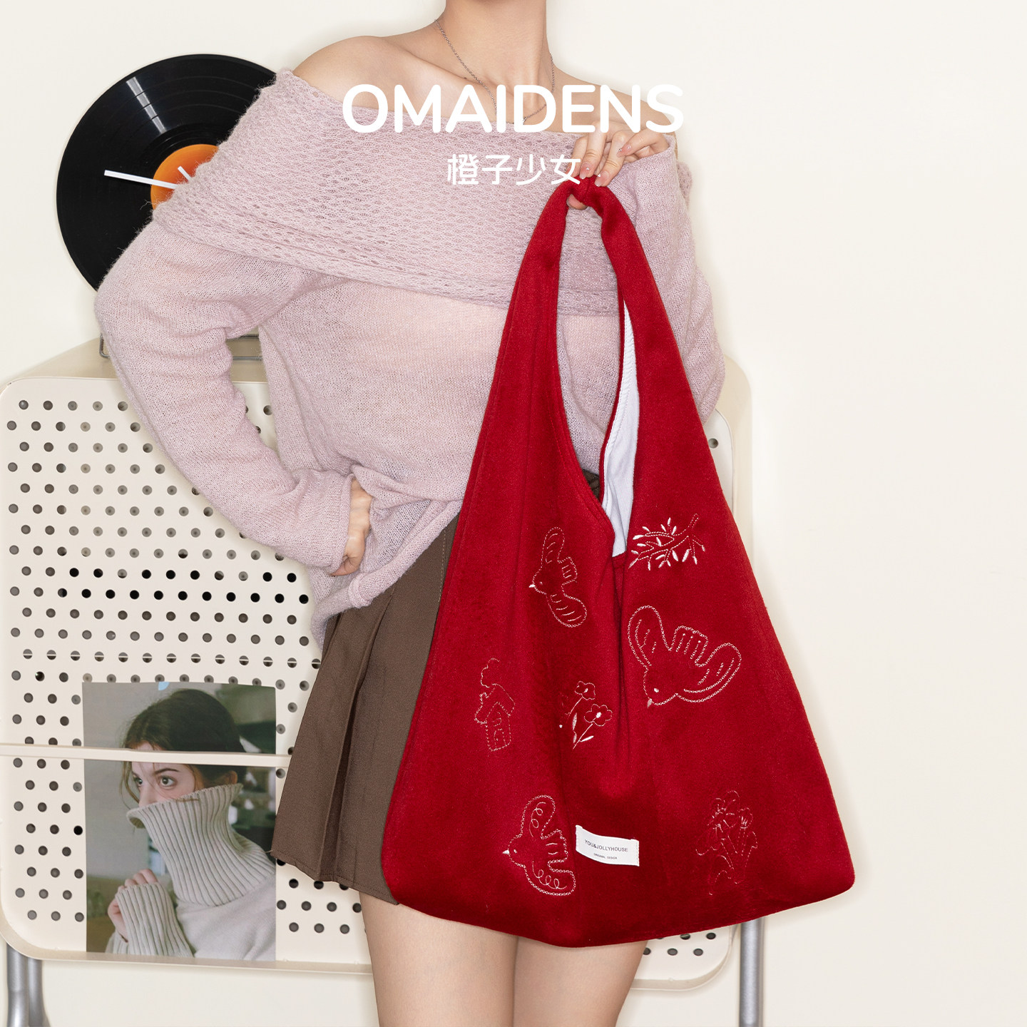 橙子少女韩系ins风刺绣托特包女2025新款红色单肩腋下包大容量包