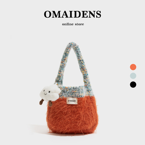 韩系可爱撞色编织毛线包2025秋冬