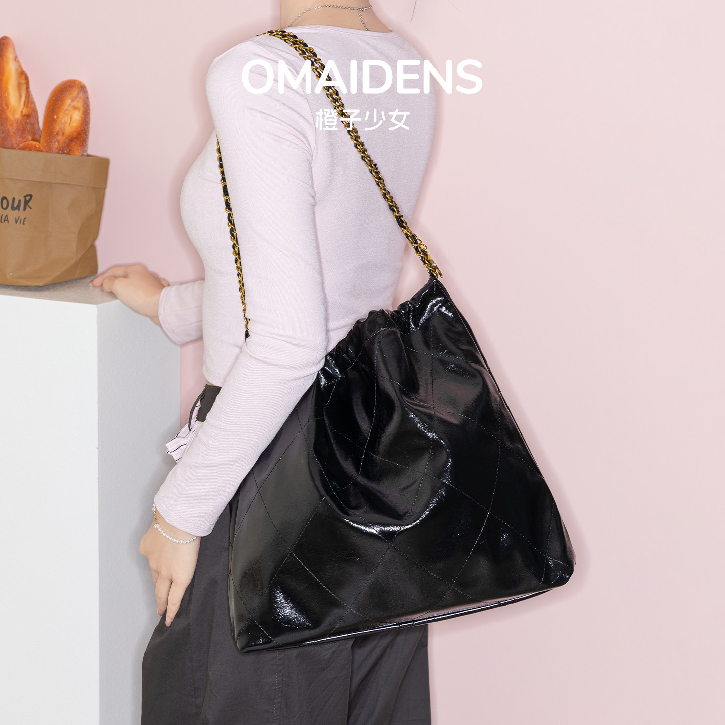 橙子少女小香包菱格链条包单肩包2026新款上班通勤包大容量水桶包