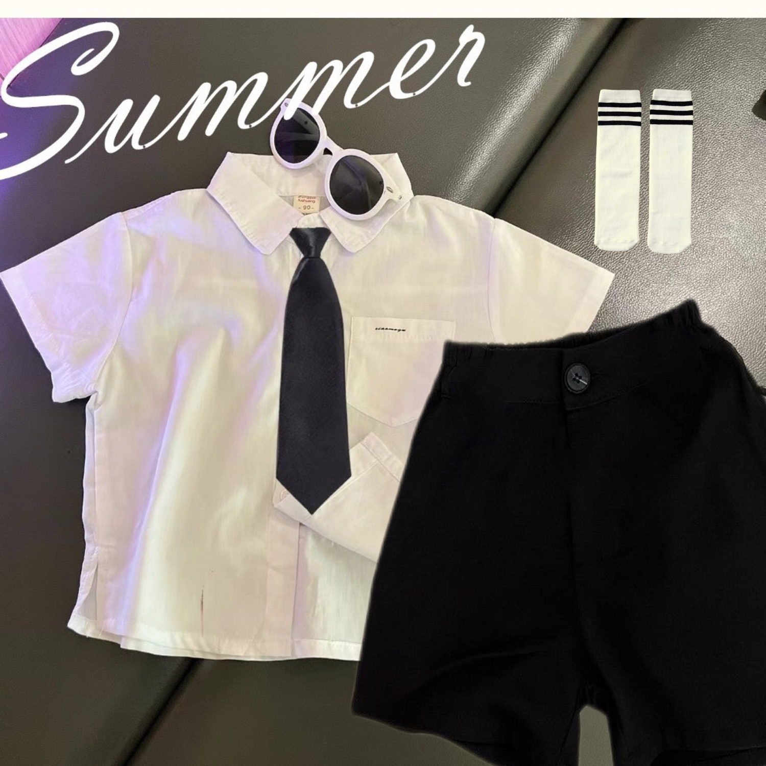 男童学院风套装夏季2025 新款洋气宝宝短袖白衬衣花童演出两件套