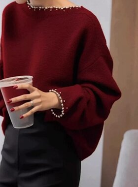 正品哥家新2026春季慵懒风钉珠针织衫红色圆领套头百搭长袖毛衣