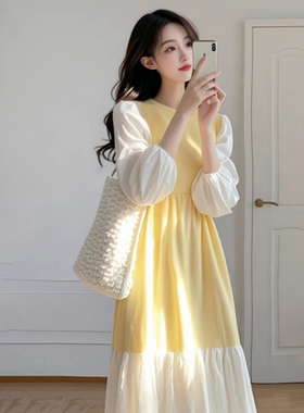 正品哥家新2025年夏季新款高级感气质千金风黄色拼接长袖连衣裙女