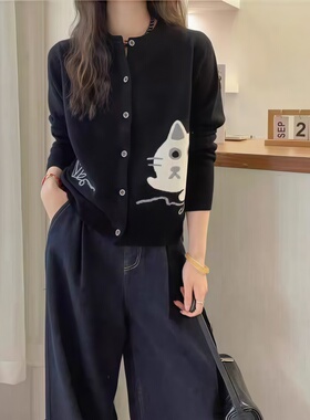 正品哥家新2025冬季黑色卡通小猫图案针织开衫减龄休闲提花毛衣