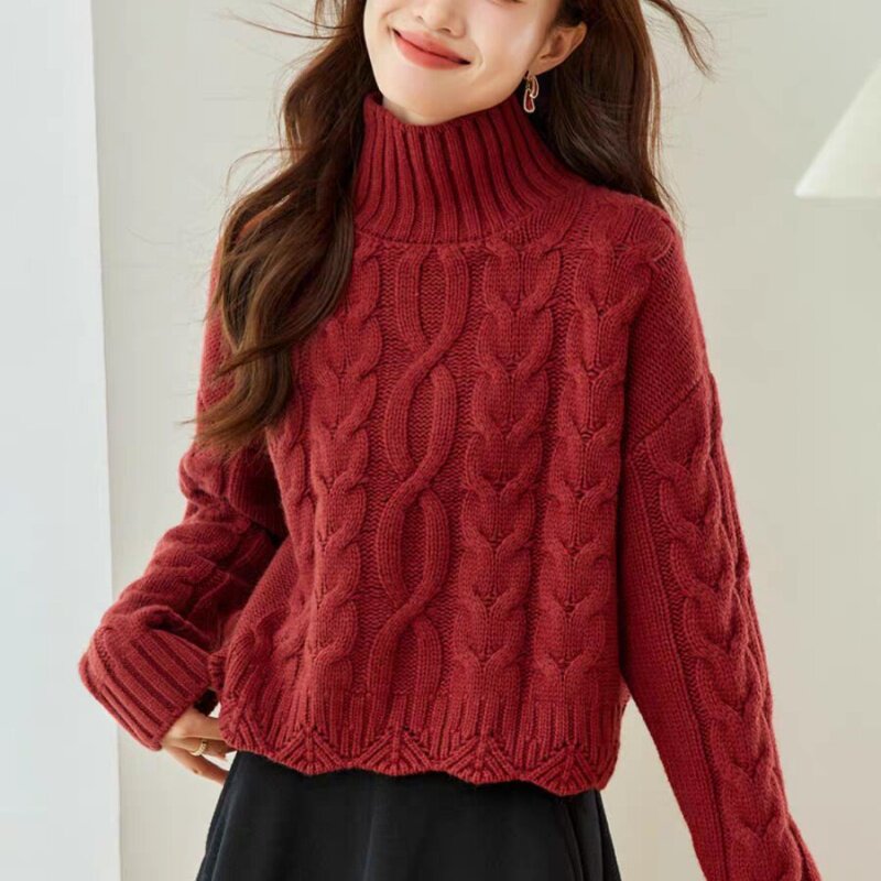 正品哥家新2025冬季红色高领麻花针织衫女慵懒风显瘦高级感上衣