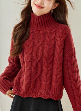 正品哥家新2025冬季红色高领麻花针织衫女慵懒风显瘦高级感上衣