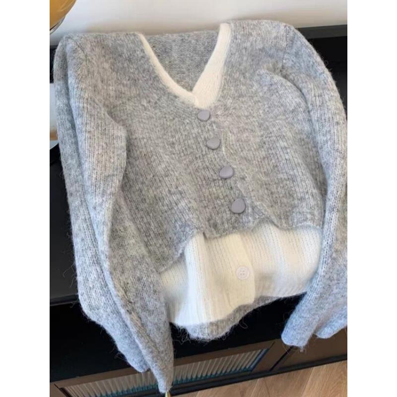 正品哥家新2025冬季韩版V领假两件羊毛针织开衫女灰色毛衣外套