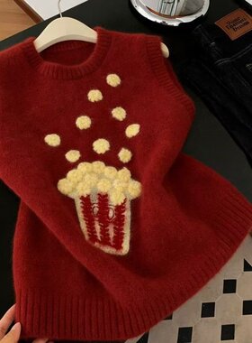 正品哥家新2026春季新年红色针织马甲甜美刺绣圆领叠穿毛衣背心