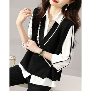 女 毛衣V领马甲背心马夹开衫 白领哥弟新新款 2025春秋羊毛针织衫