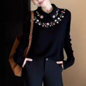 黑色翻领针织衫 正品 哥家新2026春季 女刺绣花朵套头减龄显瘦毛衣