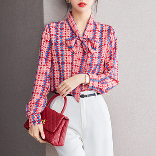 雪纺衬衫 正品 蝴蝶结红色碎花长袖 2025年春秋新款 女衬衣 哥家新女装