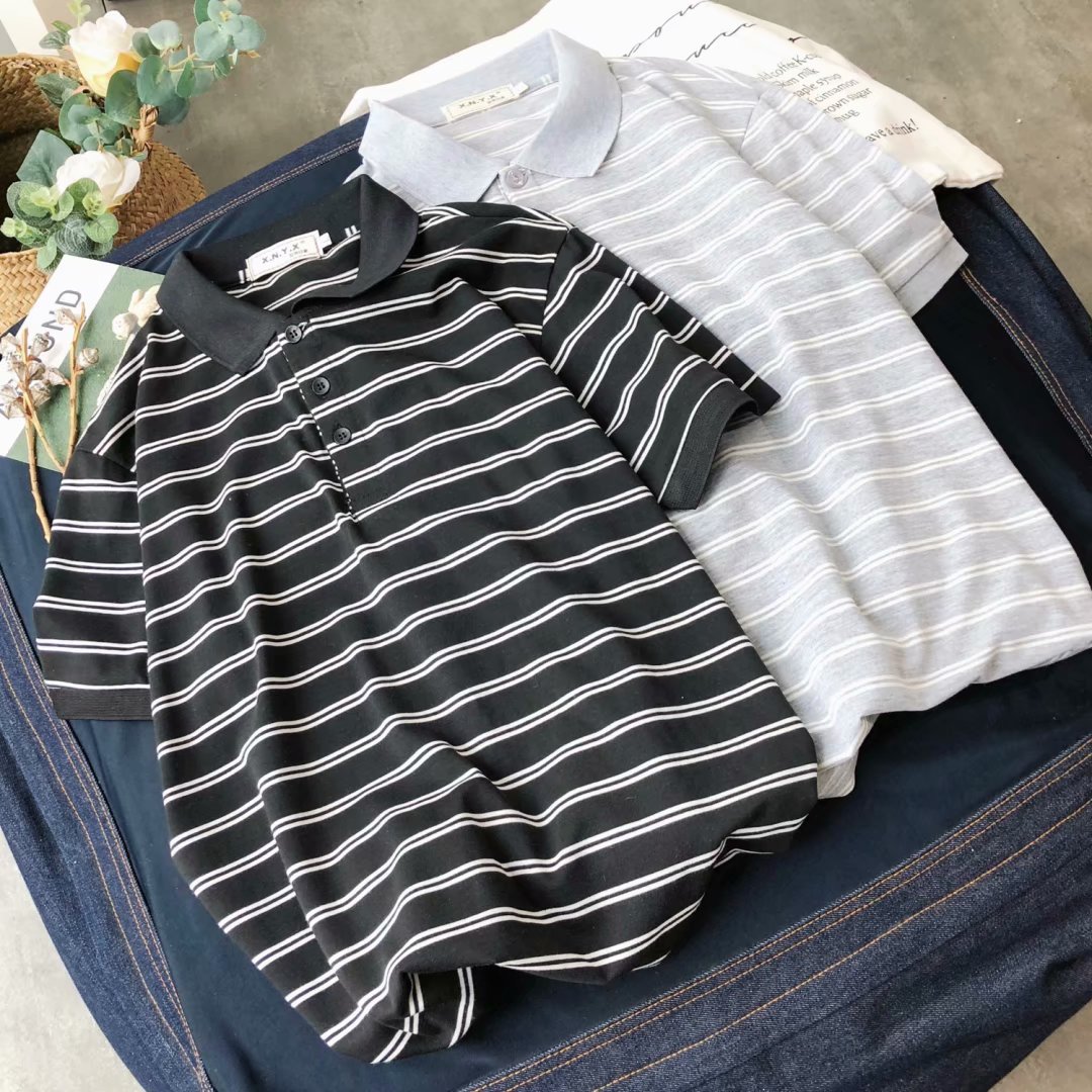 Men's Recreational Square Collar Polo T-shirt Short sleeve T-shirt Stripe Men's Junior Student Class Dress Bottom Shirt