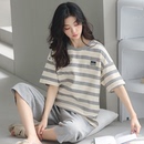 宽松家居服可外穿夏季 俞兆林100%纯棉女款 七分裤 条纹睡衣套装 短袖
