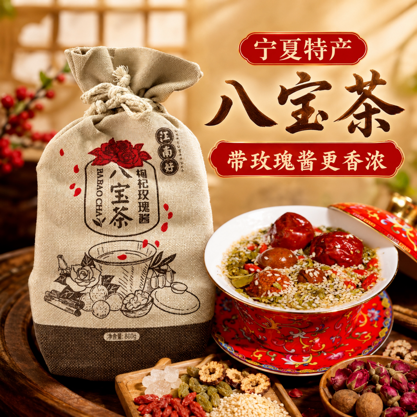 宁夏特产江南好布袋装枸杞玫瑰酱八宝茶回族盖碗茶三泡台800克