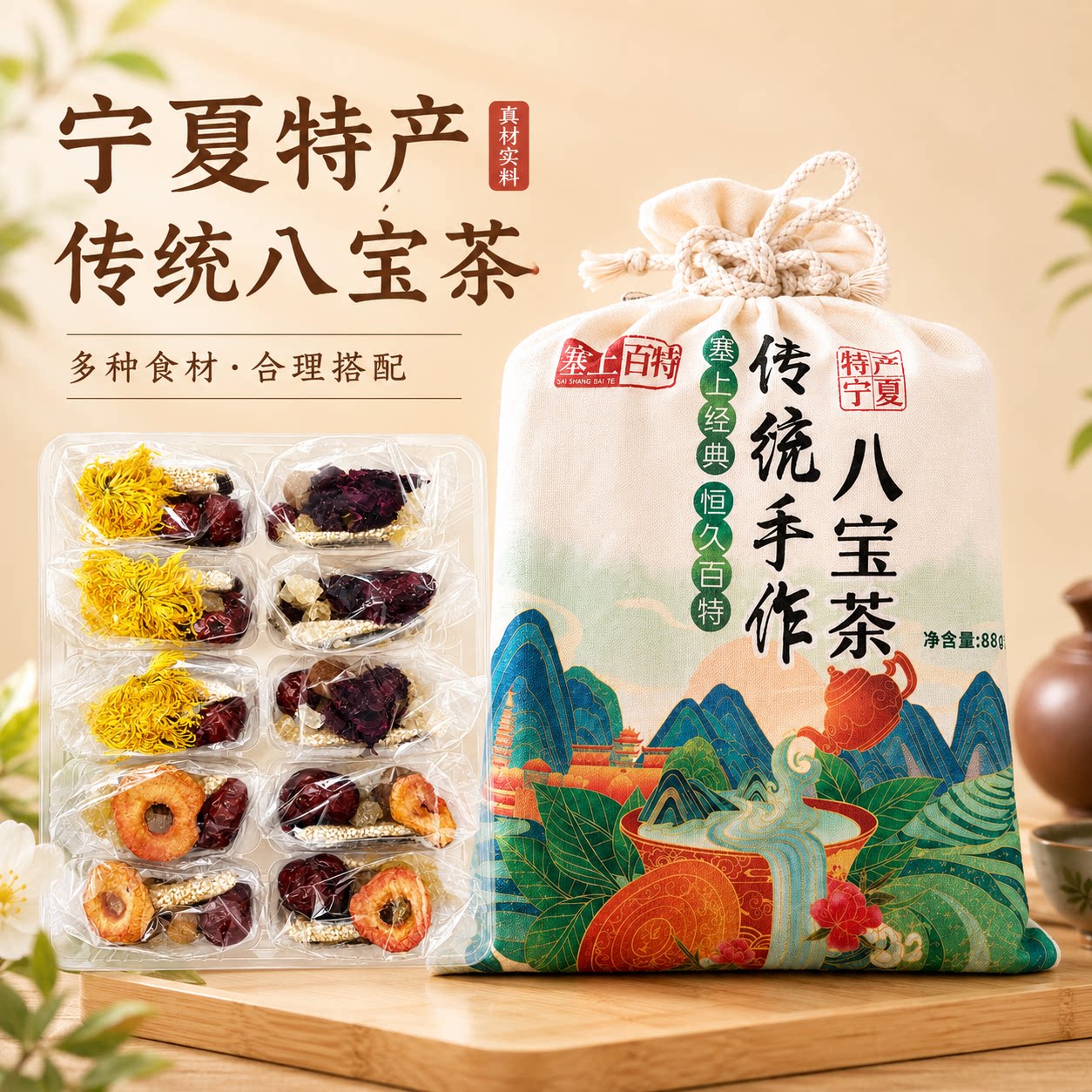 宁夏特产枸杞菊花八宝茶传统老味道玫瑰酱塞上百特手工私房盖碗茶