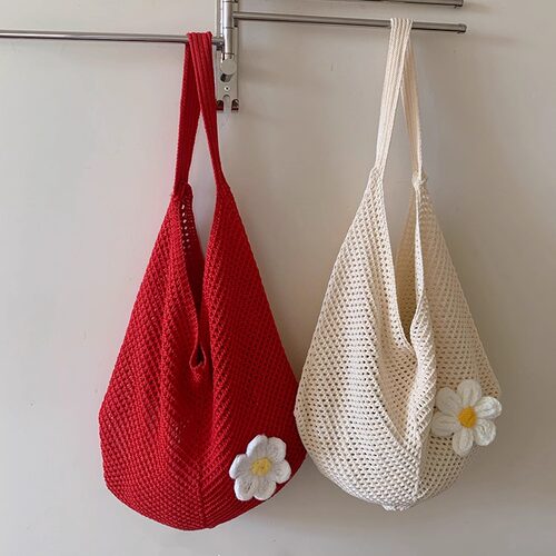 大容量编织包花朵针织托特包