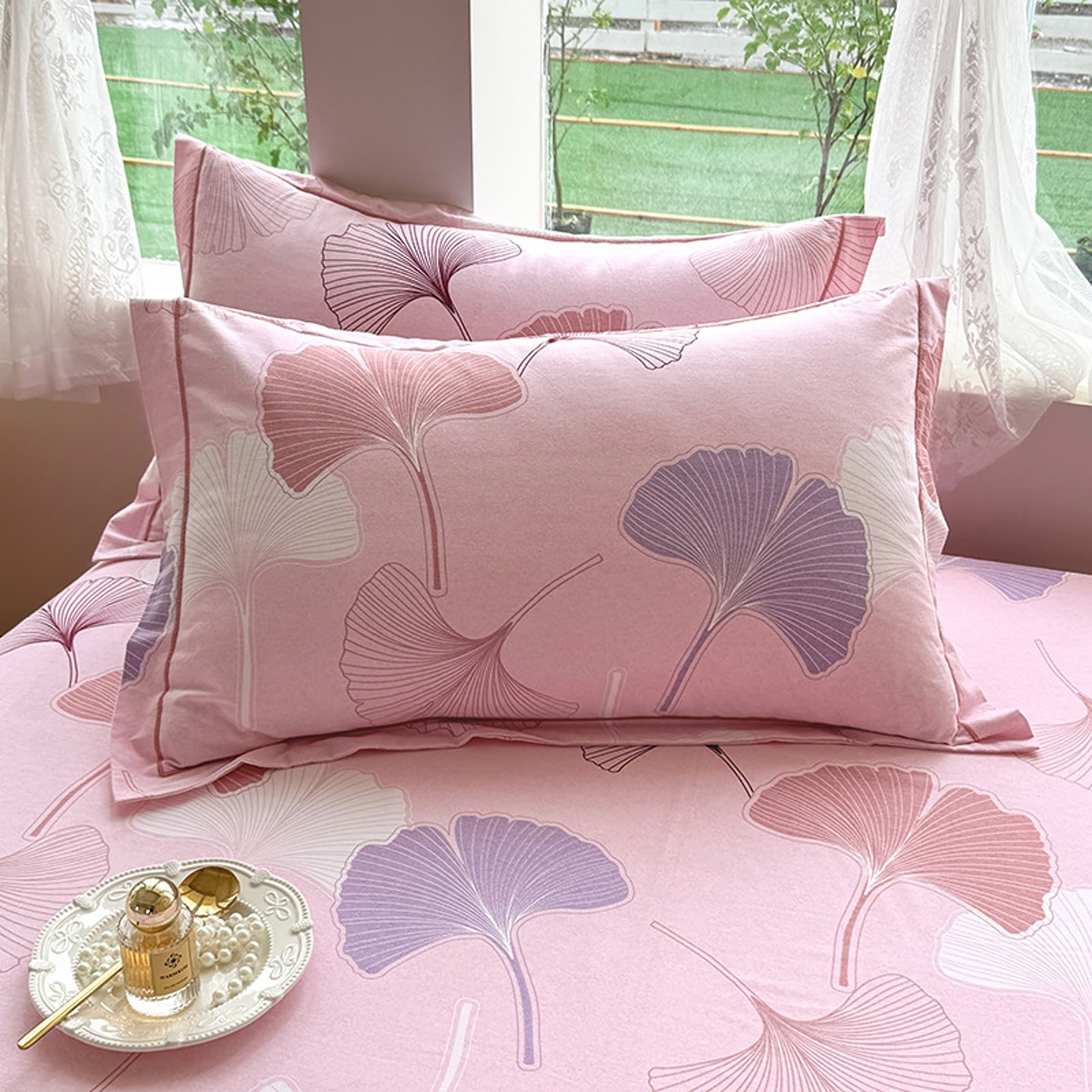 A类纯棉磨毛枕套一对装100全棉48cmx74cm新款粉色银杏叶枕头套