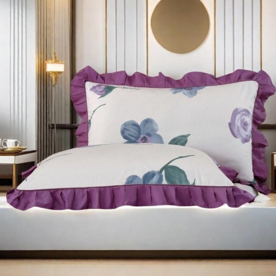 枕套新款枕头套纯棉一对装100全棉紫色花边拉链48x74cm四季枕芯套