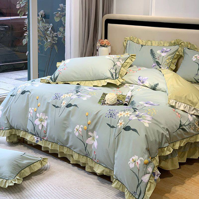 纯棉四件套全棉2026新款绿色床单被套高级荷叶花边裙边四季通用