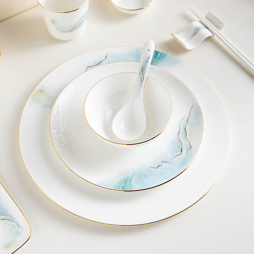 日照金山金边高骨瓷摆台餐具酒店餐厅碗盘勺八九件套会所招待定制