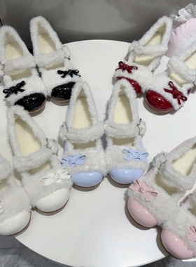 小心心 原创lo鞋冬季毛毛鞋女外穿平底棉鞋保暖加绒可爱lolita鞋