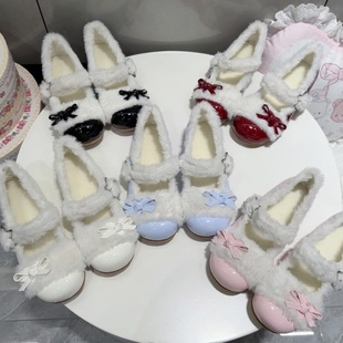 小心心 原创lo鞋冬季毛毛鞋女外穿平底棉鞋保暖加绒可爱lolita鞋