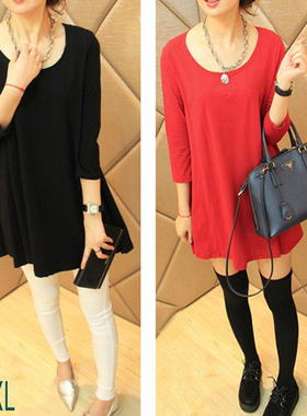 春季新款大码女纯棉七分袖T恤衫宽松A字版遮肉显瘦打底衫上衣