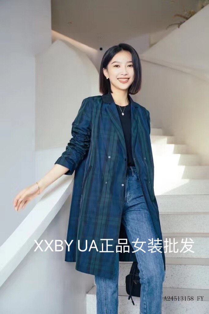 yun韫2024春季新品女装西装领格子中长款双排扣薄女风衣 3158