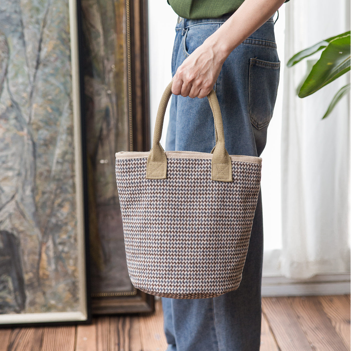 经典千鸟格水桶包拉链分隔手提